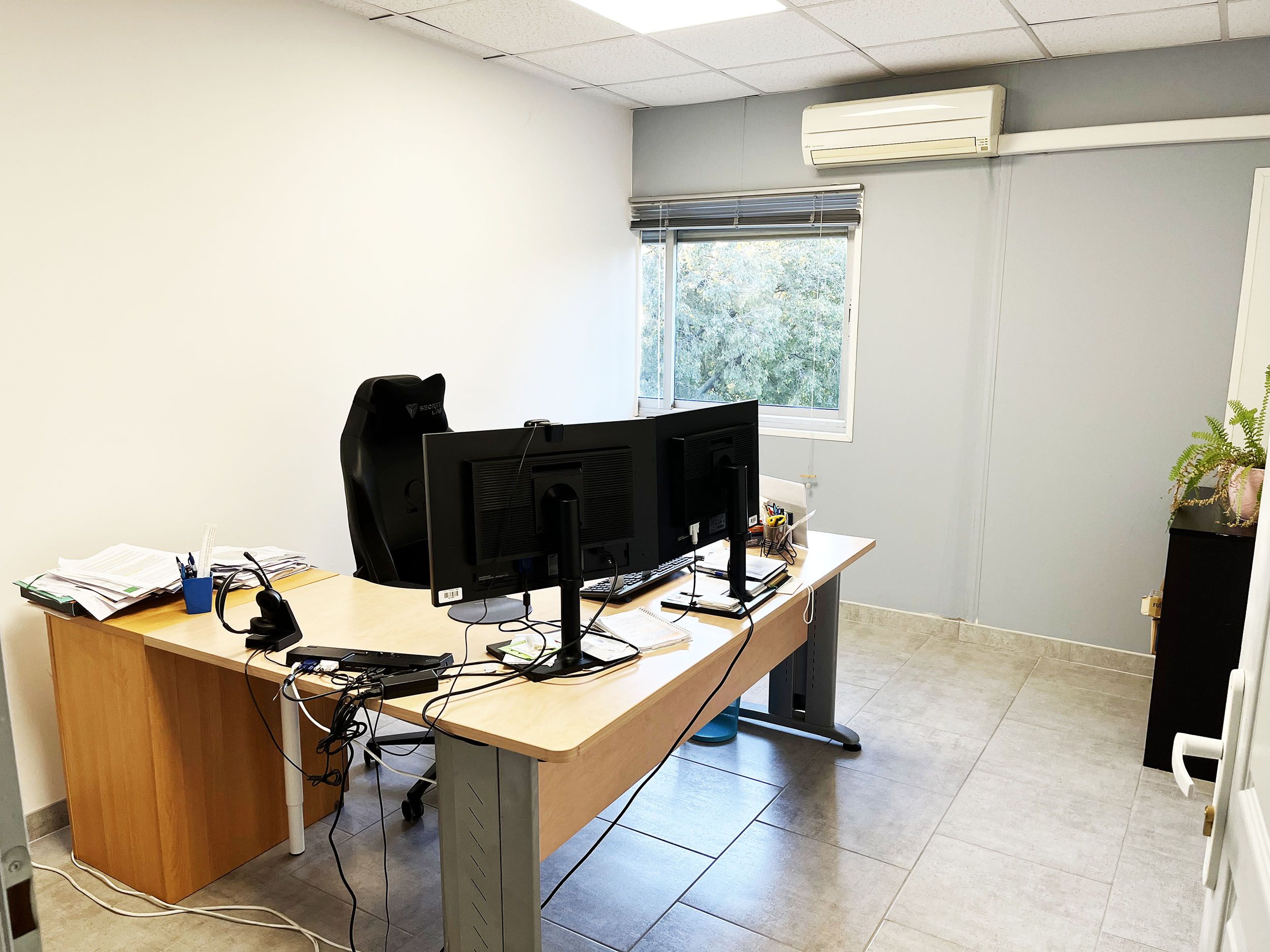 Bureau privé lumineux avec un grand plan de travail et une fenêtre ouverte sur la verdure